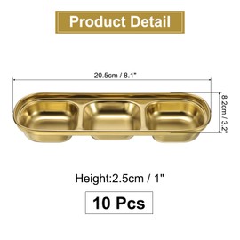 sourcing map 10 Pack Stainless Steel Dish Dipping Bowls with 3 Rectangular Compartment Divided, Metal Seasoning Plate Dipping Bowl for Condiment Home Party Restaurant Picnic Travel, Gold