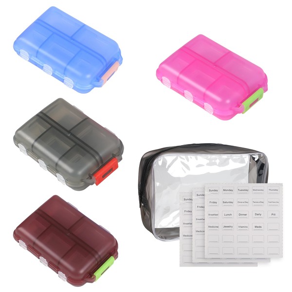 Leiptes 4 Pack Tablet Box 7 Day Pill Box 10 Compartments Travel Tablet Box Small Medicine Box with 3 Sheets Label Paper Pill Box for Travel and Daily Use (4 Colours)