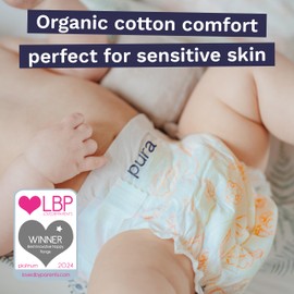 Pura Eco Baby Nappies - Size 2 (3-6kg / 6-13lbs), 1 Pack (29 Nappies), Ultra Soft Nappies for Sensitive Skin, Organic Cotton, Wetness Indicator, Umbilical Cord Cutout, New Size Guide