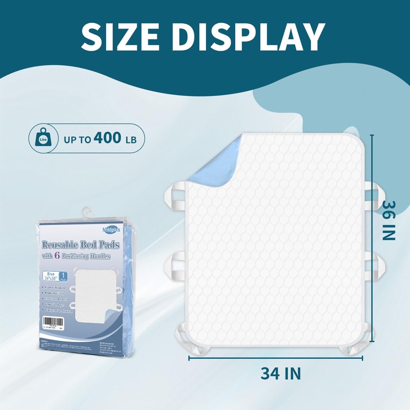 MILDPLUS Washable Bed Pads with 6 Sturdy Handles 34”×36” Extra