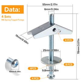 Lyeteung 4 Sets M6 Tilt Anchors Tipping Screw Toggle Screw and Wing Nut Assortment with Hex Nuts Washers for Plasterboard Cavity Walls Fiberboard