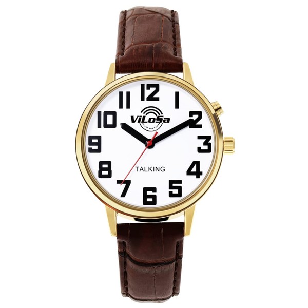 ViLoSa Talking Clock in English - Clear and Loud Voice - Speaks Time, Date or Alarm Time - for Seniors, Visually Impaired or Blind - Gold Strap, gold-coloured, Strap