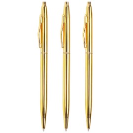 LONGKEY 3 Pack Slim Gold Ballpoint Pens Black Ink 1 mm, Great Gift for Business Office Students Teachers Wedding Christmas (Gold)