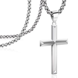 Idemana 925 Sterling Silver Cross Necklace for Men Women 4mm Stainless Steel Strong Durable Wheat Chain 18K White Gold Plated Beveled Edge Cross Pendant Necklace Jewelry 71