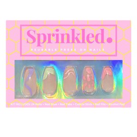 Short Oval Reusable Press On Nails - Sprinkled Nude Almond Swirly French Tip Gel Glossy Glue Stick On Nails 12 Sizes 24 Nails (Wild Chid)