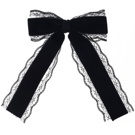 CustomyLife 1pcs Black Lace Hair Bow Clip Coquette Bow Barrettes with Long Tail Ribbon for Women Christmas Valentines Wedding Prom Gothic Decorative Accessories