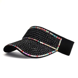 Gudessly Sparkle Glitter Summer Rhinestone UPF 50+ Visor for Women, Bling Ladies Sun Visor, Outdoor Sports Fashion Golf Hat (CB Black), 6 7/8-7 1/2