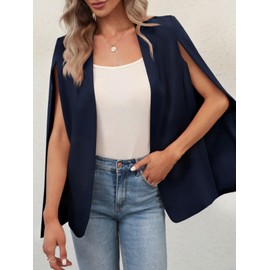 GAMISOTE Womens Cape Blazer Split Open Front Cloak Jacket Workwear Dark Blue
