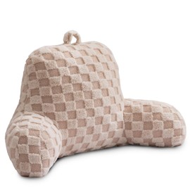Holawakaka Checkered Reading Pillow with Arms, Adults Backrest Reading & Rest Pillows for Sitting Up in Bed, Bed Rest, Lounging, Working, Arms Back Support Cushion for Men Women Teens, Beige