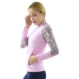 Private Island Women UPF50+ Front Zipper Up Long Sleeve Swimsuits Top with Both Side Pockets Swim Rash Guard (XL, PwPGS-JRSRGT)