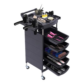 6 Tiers Salon Trolley with Handle and Rolling Wheels, 5 Drawers and 2 Hair Dryer Holder Side Tray, Rolling Salon Station for Beauty, Black