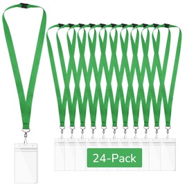 24-Pack Green Lanyards with Safety Breakaway, Waterproof Badge Holders, Metal Hook, 10 Color Variants, Polyester Neck Straps for ID Cards, Events, Office, and Schools