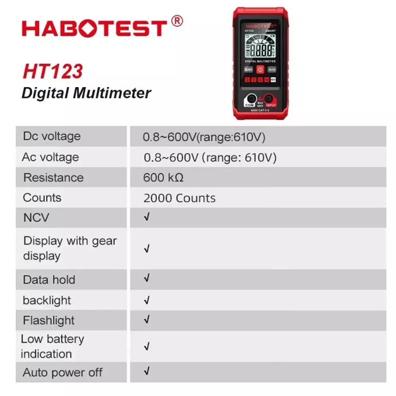 HABOTEST HT123 Digital Multimeter Smart Voltmeter Ohmmeter AC DC Meter