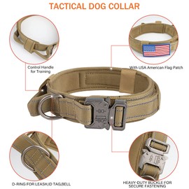 KCUCOP Tactical Dog Collar for Medium & Large Dogs - Military Nylon Heavy Duty Collar with Handle, Reflective Strip & Metal Buckle for Training, Outdoor (Brown Reflective, Medium)