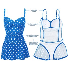 Womens Push Up Padded 50S Vintage One Piece Swimsuit with Skirt(Neon Blue Dot,Size 10)