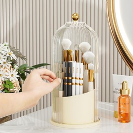 STORICANS Makeup Brush Holder Rotating Organiser with Clear Lid，Sliding Opening Dustproof Makeup Brush Case Makeup Organizer Storage for Dressing Table Organiser,Vanity,Creamy Yellow