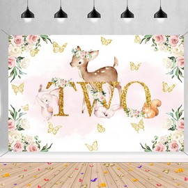 Animal Two Background Deer and Flowers Second Birthday Party Background Jungle Boy 2nd Birthday Party Decoration Photography Poster