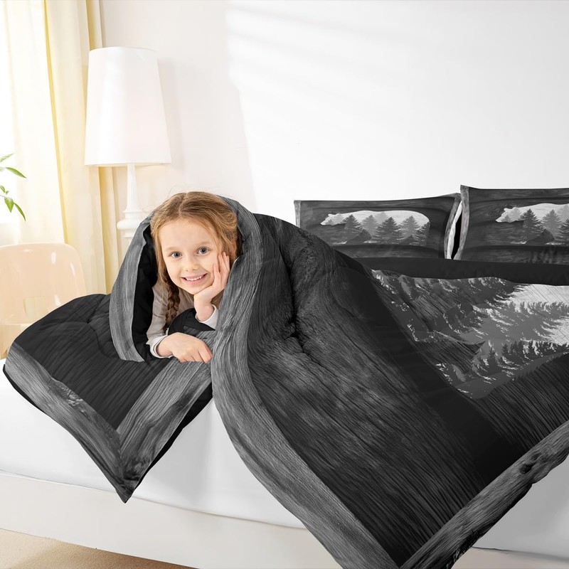 Castle Fairy Lodge Cabin Comforter Set Gray Bear Pine Tree