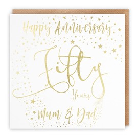 Hunts England - Mum And Dad 50th Anniversary Card - Gold Foil - Happy Anniversary - Fifty Years - Mum & Dad - Foil Stars Collection