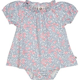 Müsli by Green Cotton Petit Flower Printed Puff Sleeve Dress for Baby Girls, GOTS Organic Certified Cotton Blend, Machine Washable (Balsam Cream/Bubblegum/Night Blue Color, Size 6-9M)