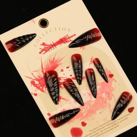 Press On Nails, Extra Long Stiletto Fake Nails, Stick on nails, Glue on Nails on 24PCs (Red Black Gradient)