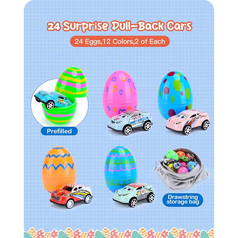 Roicaholy 24 Count Prefilled Easter Eggs with Pull-Back Cars Inside