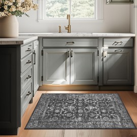 Washable Area Rug 2x3 Black Rugs for Living Room, Vintage Boho Rug for Bedroom Dining Room Office, Distressed Floral Print Carpet for Under Table, Soft Non Slip Low Pile Throw Carpet Indoor Mat