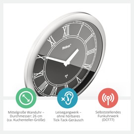 Mebus Radio Controlled Wall Clock 26cm Silent Roman Numerals Silver Frame Black Dial Model 19814 - Stylish and Silent