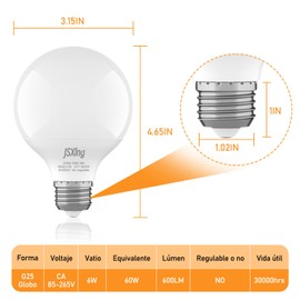 G25 LED Bombillas, JSXing 60V Equivalente Vanidad Bombillas E26 Base 3000K Blanco Cálido Ideal para Espejo de Maquillaje, Baño, Dormitorio, NO-Dimmable 6 Paquete (Blanco Cálido 3000K)