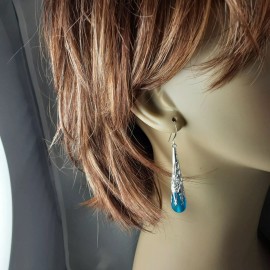 Sweet stones jewelry Turquoise Blue long sea glass earrings - Victorian Style teardrop silver jewelry