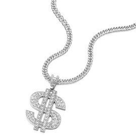 COOLSTEELANDBEYOND Hip Hop Punk Large US Dollar Money Sign Pendant with Rhinestones Necklace for Men Women, Alloy, No Gemstone