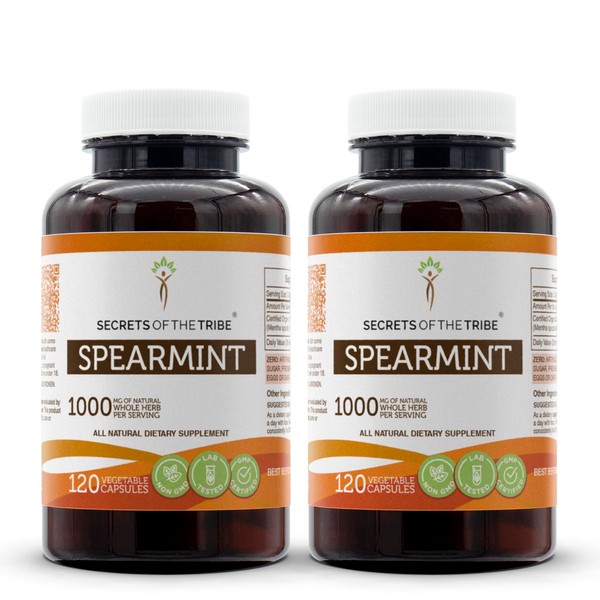 Secrets of the Tribe Spearmint Capsules 1000 mg Spearmint (Mentha spicata) Dried Leaf, Women's Hormone Support Supplement (2x120 Capsules)