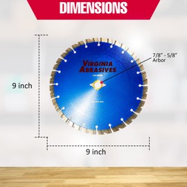 Virginia Abrasives 425-08408 - 1pc 9" UV General Purpose Concrete Diamond Blade - Wet/Dry Cutter for Concrete/Asphalt - High-Speed Tool for Battery-Operated Saws - Versatile Cutting Performance