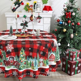 cusugbaso Round Christmas Tablecloth 70 inches - Christmas Decorations for Home - Water Resistant Christmas Table Cloth - Red Truck Xmas Holiday Buffalo Plaid Christmas Decor for Table, Party,Kitchen