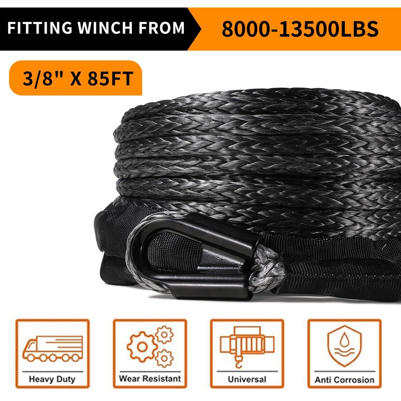 AlltoAuto Synthetic Winch Rope, 3/8" x 85'-25000 LBs Dyneema Synthetic