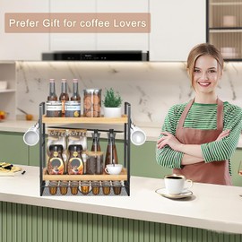 LEMIKKLE 2-Tier Wood Coffee Station Organizer with Pod Holder and Drawer, Kitchen Countertop Organizer, Coffee Bar Accessories Station with Coffee Pod Storage, Coffee Organizer