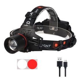 WINDFIRE Rechargeable Headlamp White Red LED Hunting Headlamps Super Bright 4 Modes Tactical Red Headlight 90° Adjustable Zoomable Head Lamp for Running Camping Hiking Fishing Night Vision Astronomy