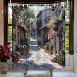 TQNNTQ Italian Shower Curtain View of Old Mediterranean Street Stone Rock Houses in Tuscany Rustic Pink Floral Farmhouse Scenery Bath Curtain Fabric Bathroom Accessories Decor with Hooks