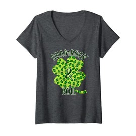 Womens Shamrock & Roll Green Leopard Print Clover Vintage V-Neck T-Shirt