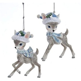 Kurt Adler Set/2 Gray Reindeers with Santa Hats Christmas Tree Ornaments Decor