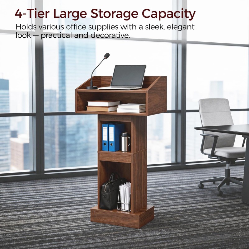 MAHANCRIS Podium Stand, Lectern with 4-Tier Storage, Pulpit with Reinforced