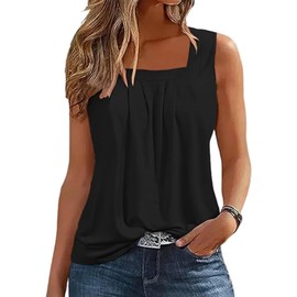 Ruffled Square Neck Tank Top for Women Pleat Curved Swing Tank Summer Tops Trendy Tee Casual Loose Fit Sleeveless Shirt(X-Large,Black)