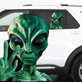 Alien Peace Waving Ride-A-Long 12"" Perforated Laminated See Thru Window Decal attaches to Rear Side Window. Made in USA.