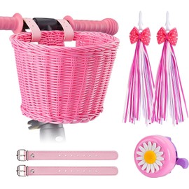 Kids Bike Basket Set, Girl Bike Basket Pink Handwoven, Children Cycling Basket with Leather Straps, Bowknot Streamers and Bell Easy Install Detachable