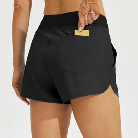 WILLIT Women's 3 Inch Swimming Shorts Swimming Board Shorts with Short Liner Pockets Quick Drying UVA Protection, black