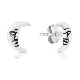 DTPsilver® SMALL 925 Sterling Silver Studs Earrings - Man in the Moon - Dimension: 6 x 9 mm
