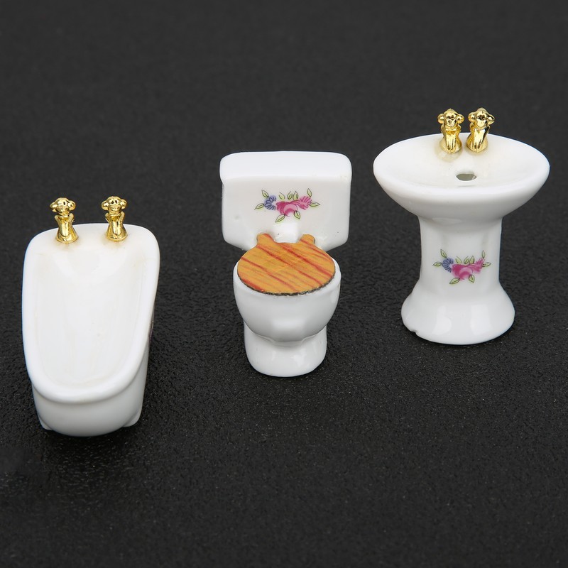 1/24 Dollhouse Miniature Bathroom Set Simulation Ceramic Bathtub Toilet Sink