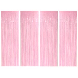 Allgala 4PK 3.3 x 9.8 FT (1x3M) Metalic Tinsel Party Photo Backdrop Curtains Door Fringe Décor-Macaron Pink-BD52659