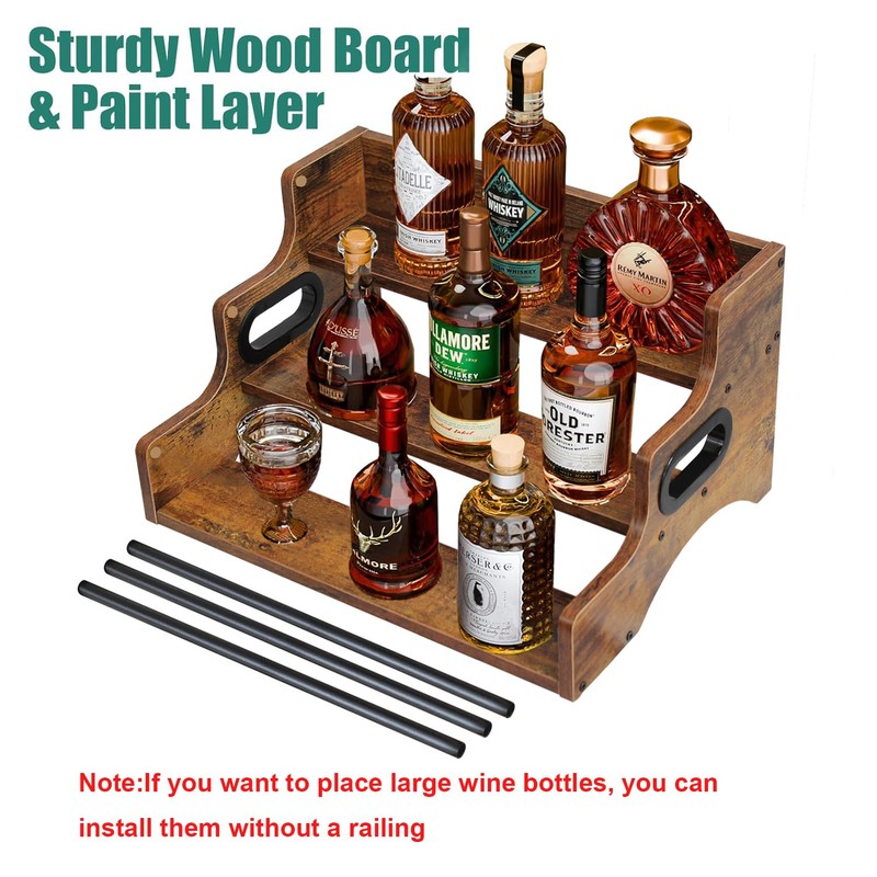 AT-VALY 3-Tier Liquor Bottle Display Shelf, Iron&MDF Countertop Wine Rack,