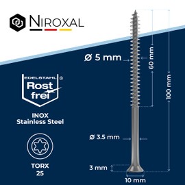 Wood Screws Torx Screws Stainless Steel V2A Rustproof 5 x 100 Chipboard Screws for Wood Partial Thread 5 mm Thick 100 mm Long Pack of 25 Stainless Steel Screws Wood A2 Corrosion-